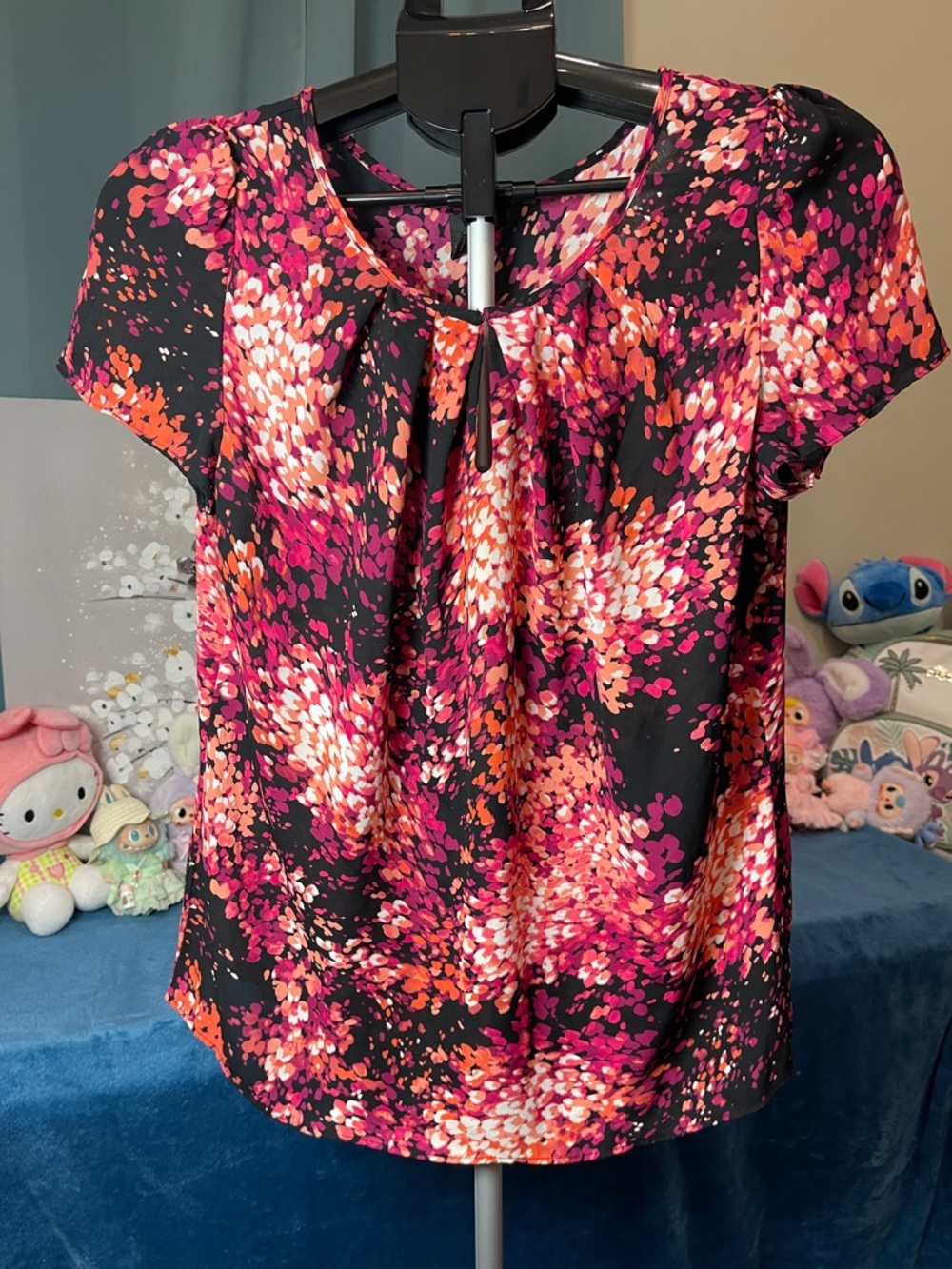 Worthington Black Floral Blouse with Pink & Orange Accents size Medium